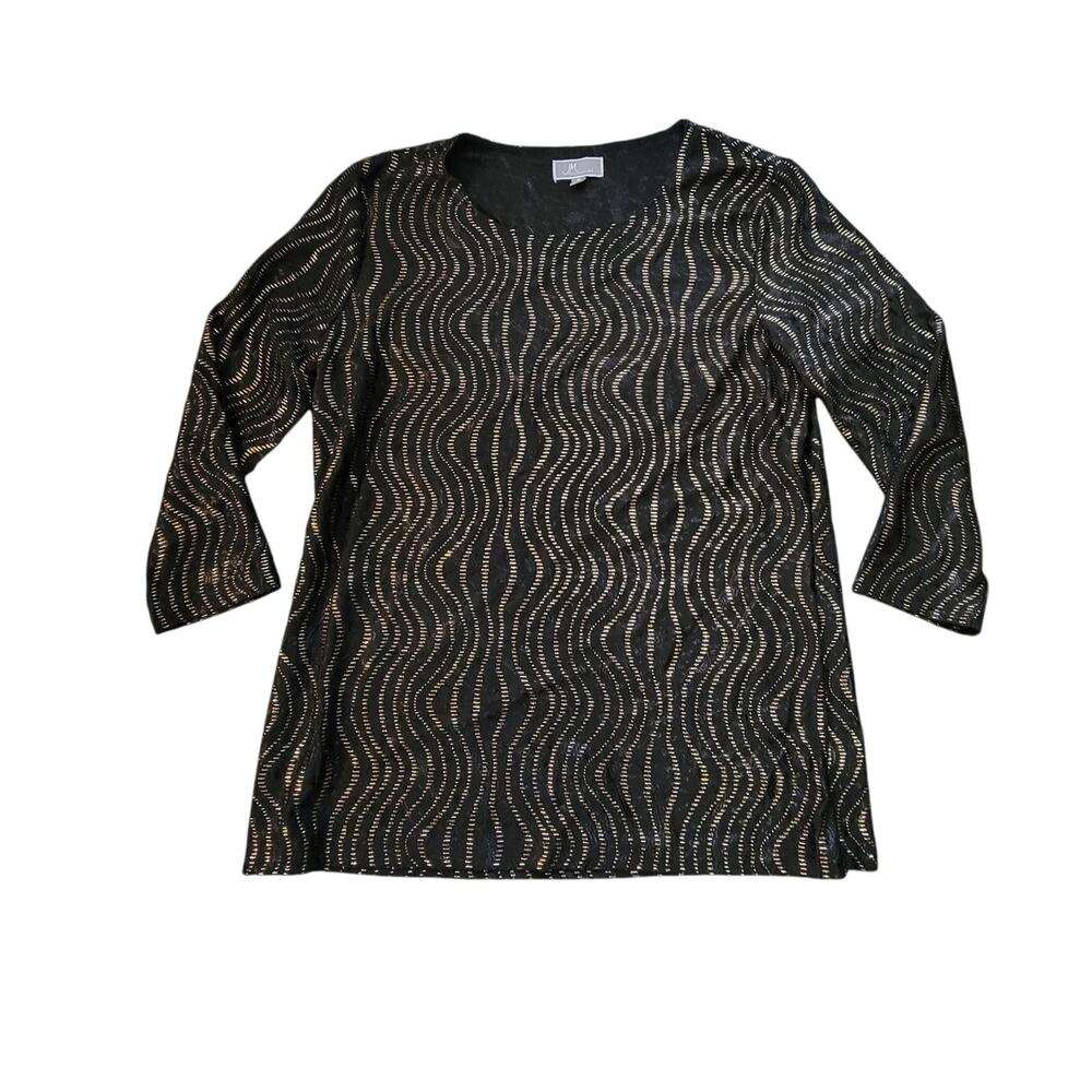 JM Collection Medium Black & Gold Wavy Pattern 3/4 Sleeve Top